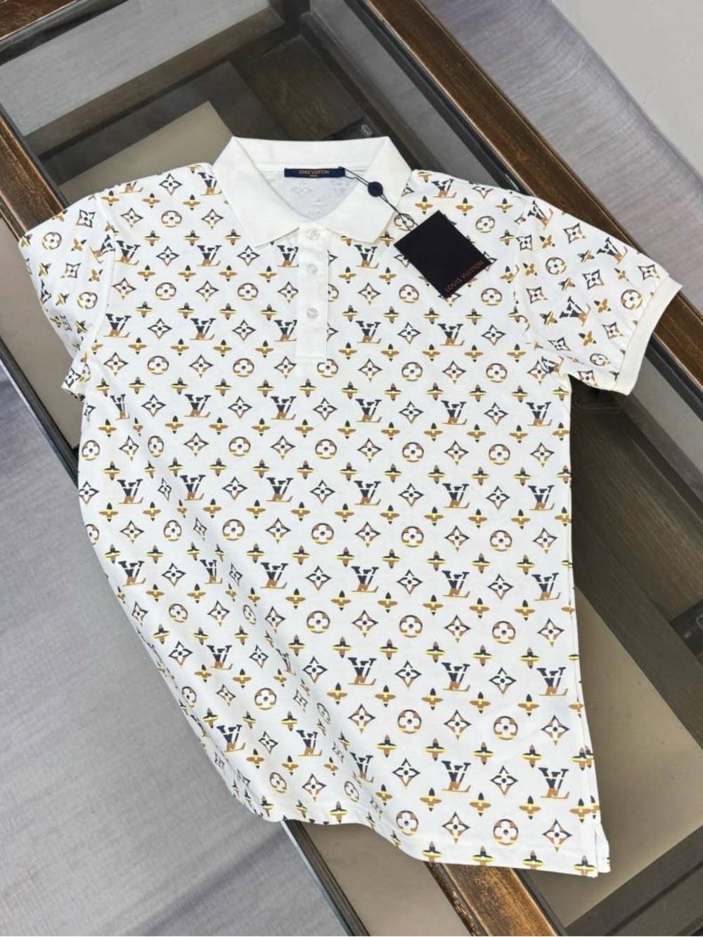 Louis Vuitton White Polo with Gold and Navy Monogram